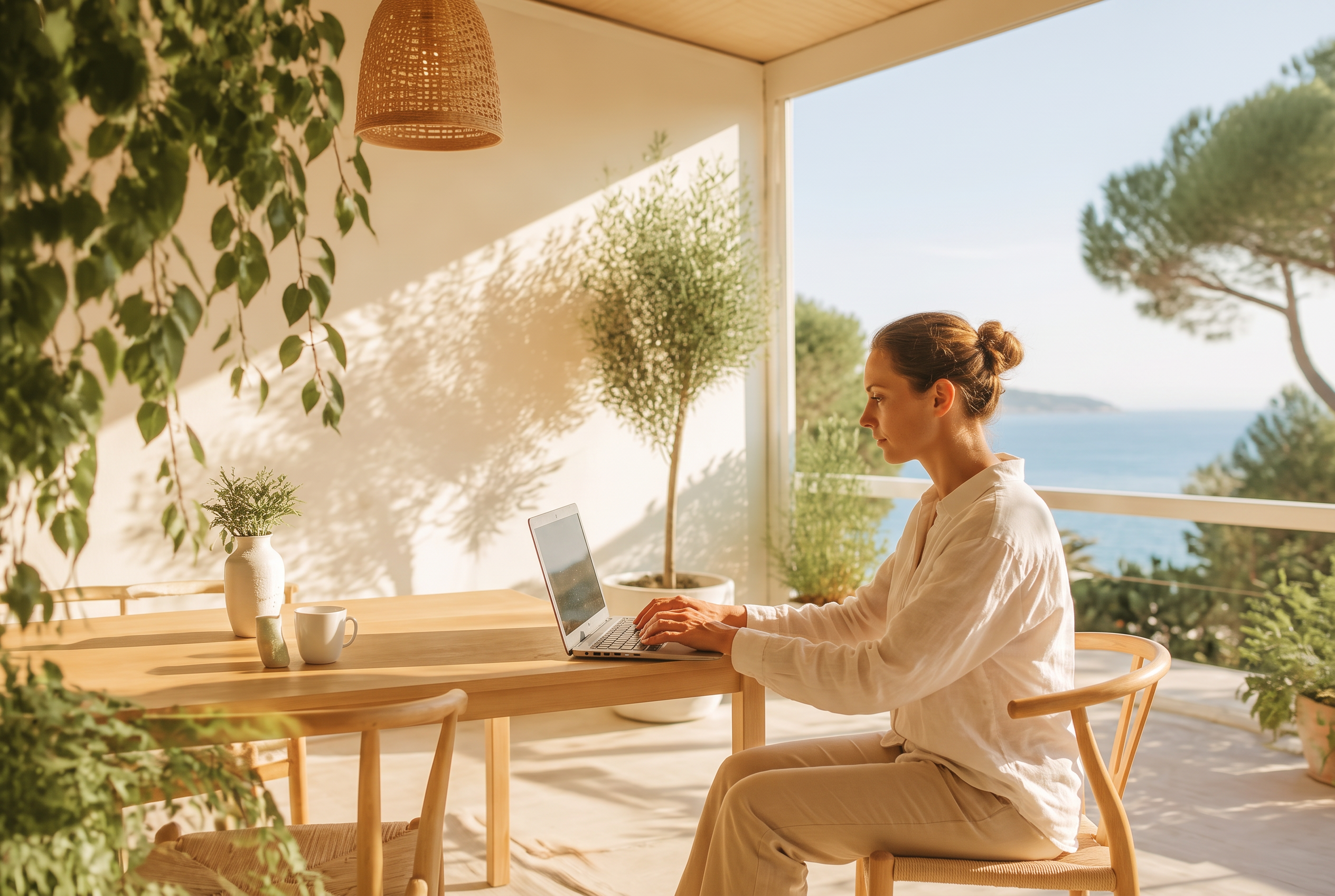 Konsult som arbetar vid laptop på en solig terrass med havsutsikt